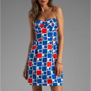 Shoshanna Strapless Geometric Print Red White Blue Retro Bow Mini Dress Size 12